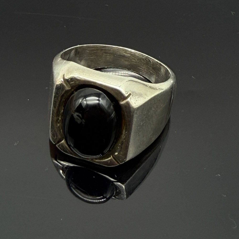 Vintage Mexico Sterling Black Oval Onyx Cabochon Men's Silver 925 Ring Size 9.5